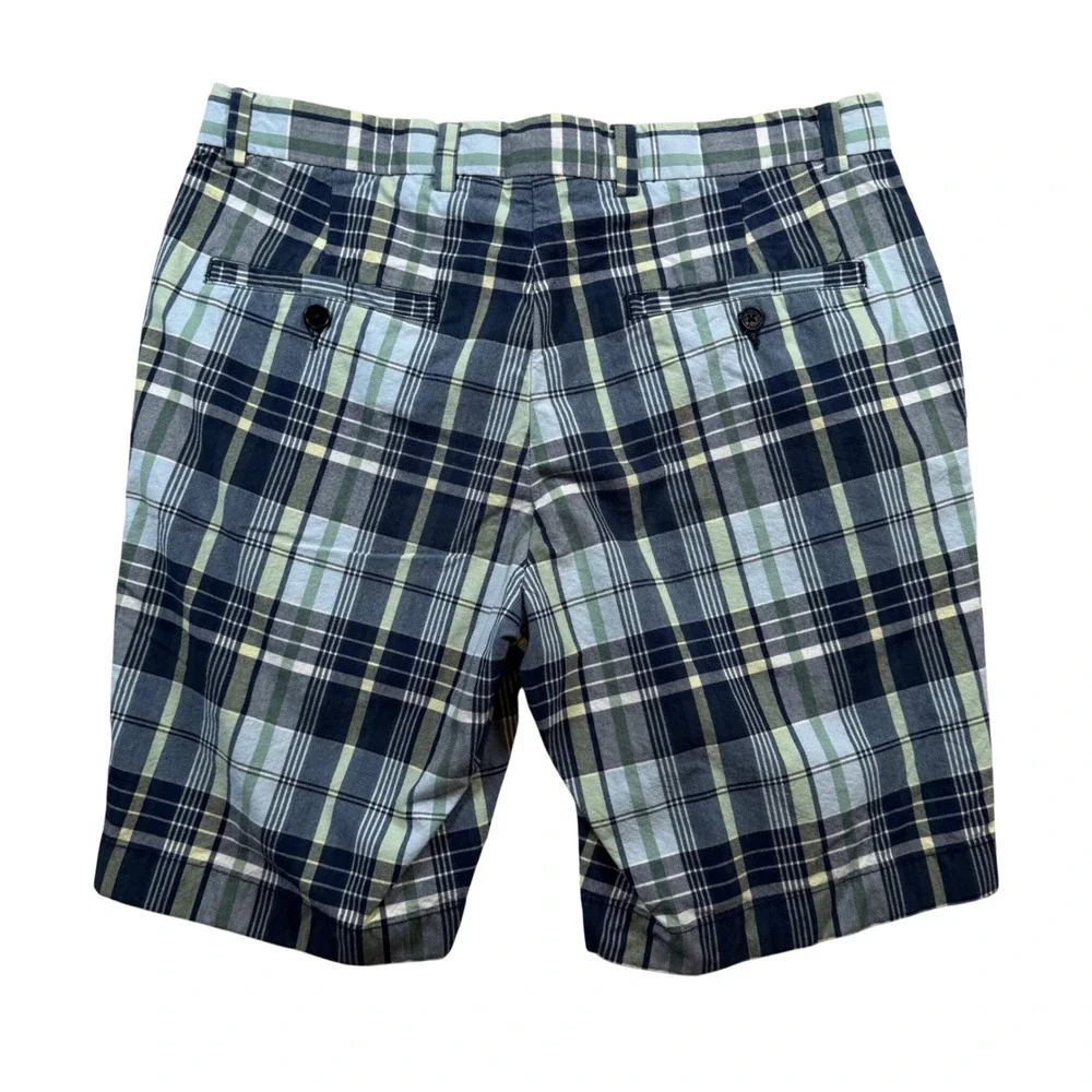 Brooks Brothers Bermuda Shorts Mens 32 Plaid Blue Green Cotton Stretch Waistband